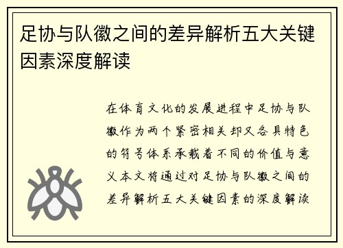 足协与队徽之间的差异解析五大关键因素深度解读 足协与队徽之间的差异解析五大关键因素深度解读